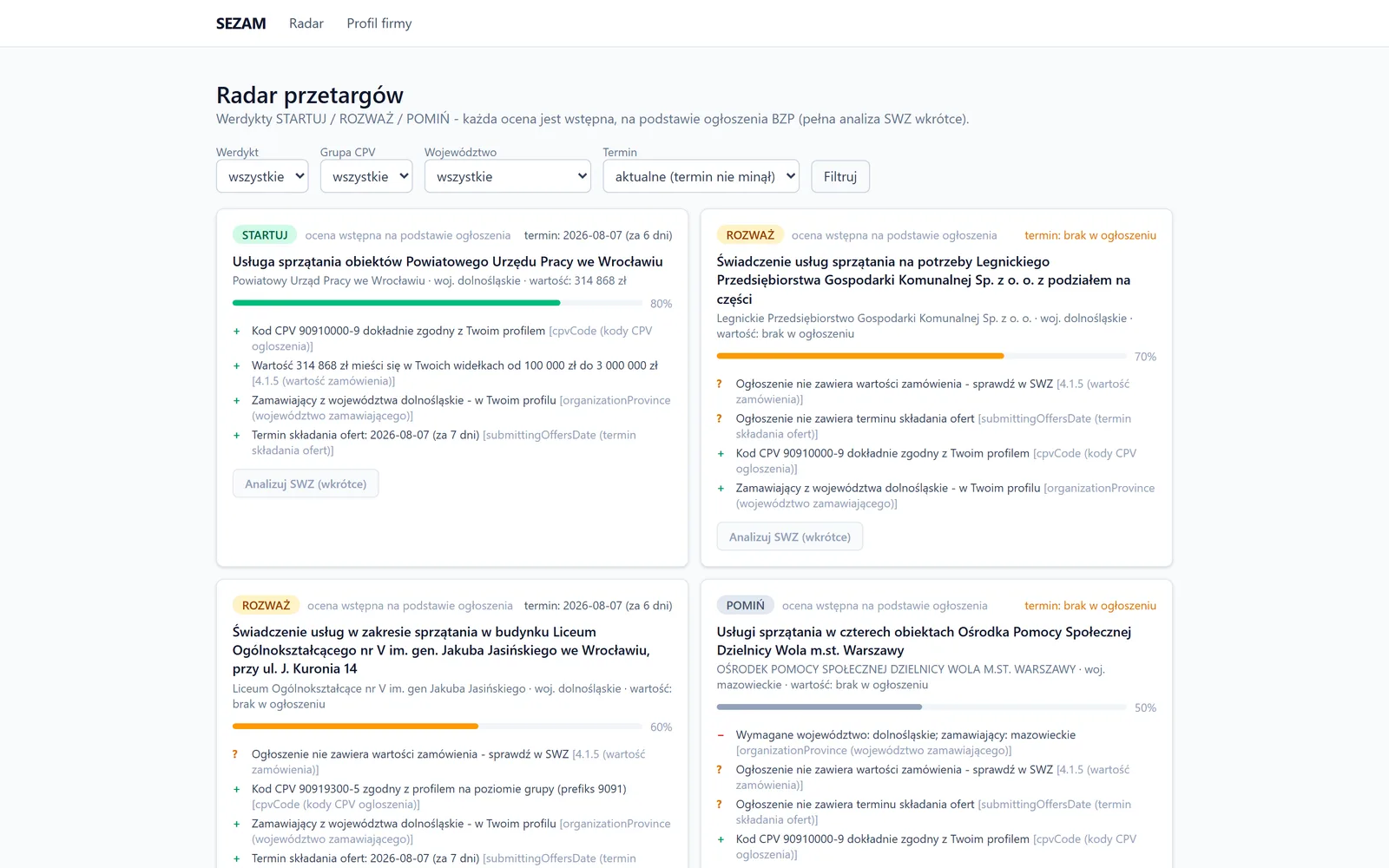 Radar przetargów w aplikacji SEZAM: karty werdyktów STARTUJ, ROZWAŻ i POMIŃ z uzasadnieniami dopasowania do profilu firmy